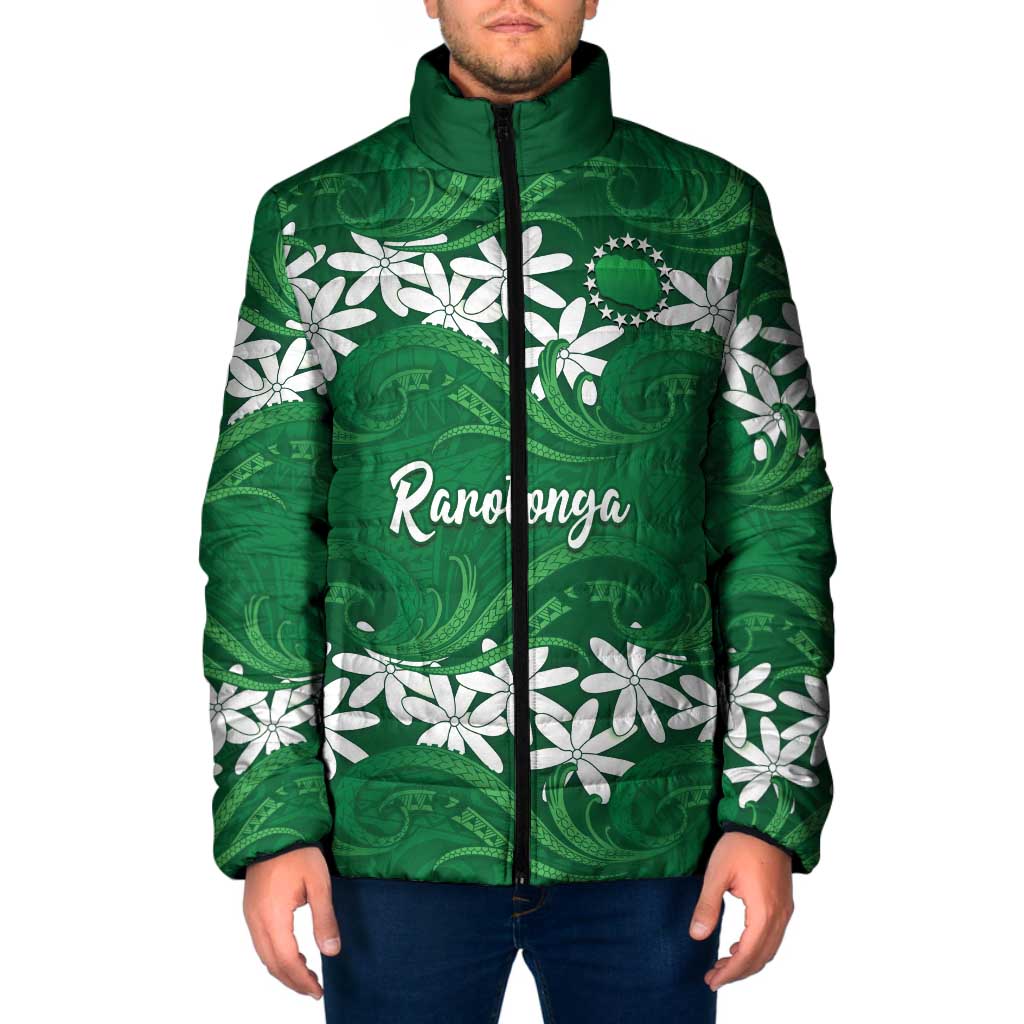 Personalised Cook Islands Rarotonga Padded Jacket Tiare Maori Polynesian Waves Tattoo LT14 Men Green - Polynesian Pride