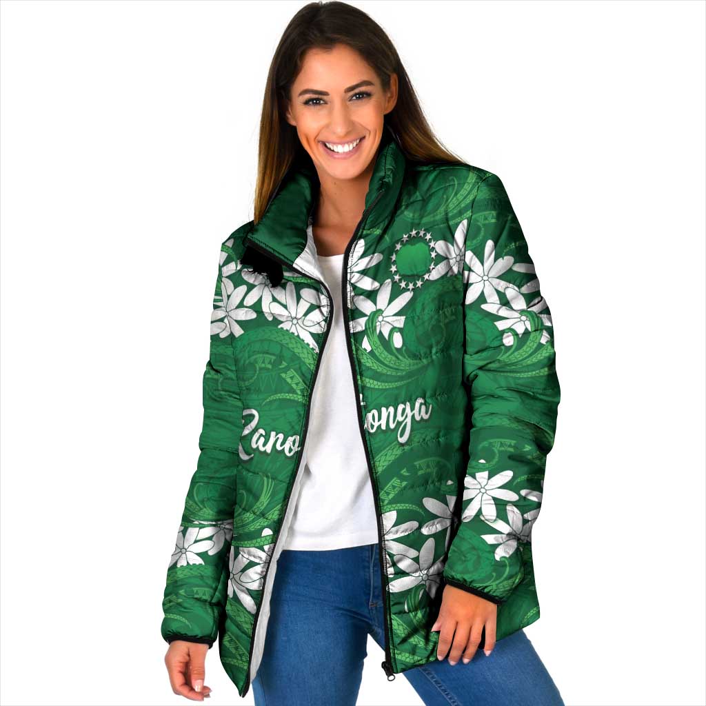 Personalised Cook Islands Rarotonga Padded Jacket Tiare Maori Polynesian Waves Tattoo LT14 Women Green - Polynesian Pride