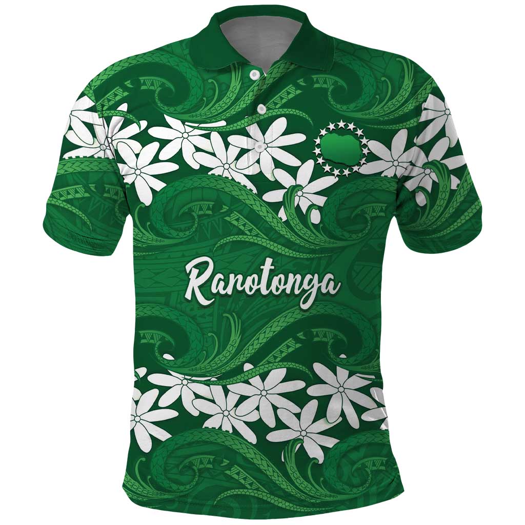 Personalised Cook Islands Rarotonga Polo Shirt Tiare Maori Polynesian Waves Tattoo LT14 Green - Polynesian Pride