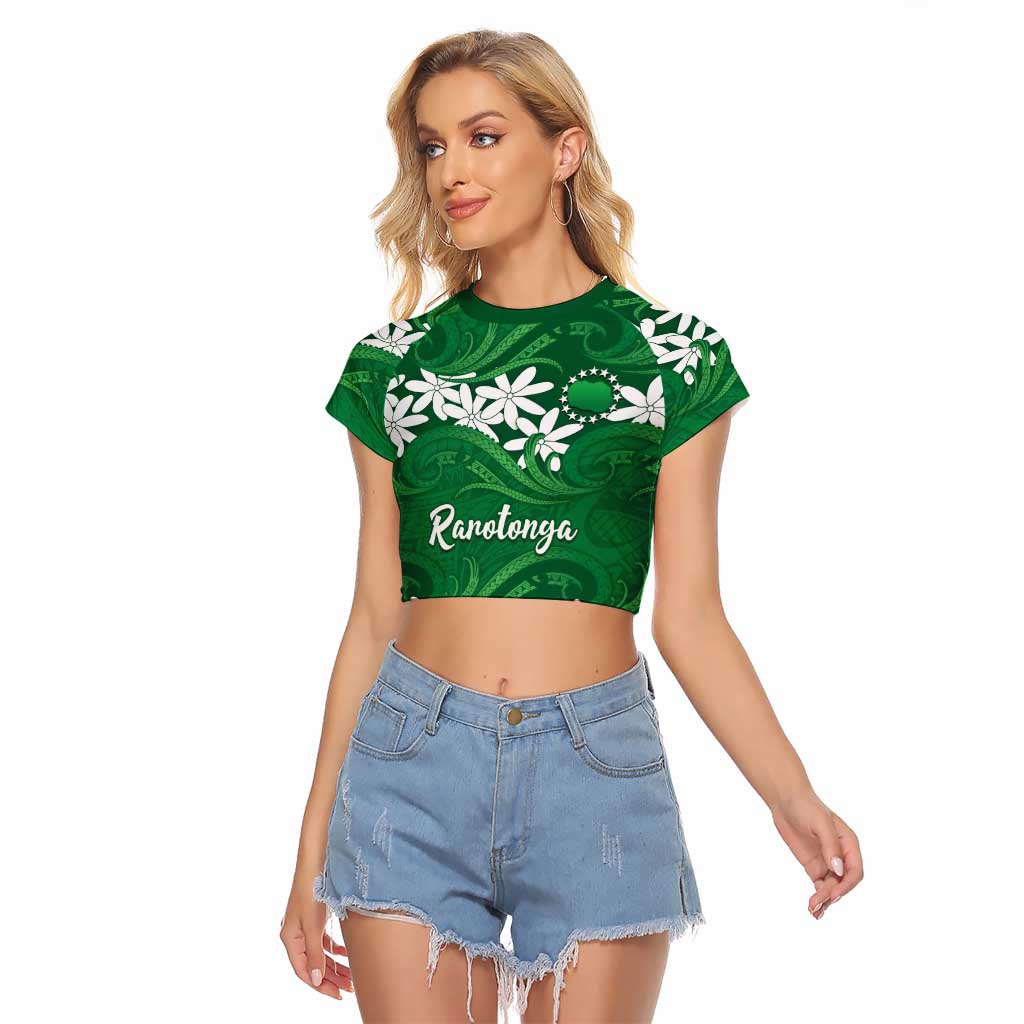 Personalised Cook Islands Rarotonga Raglan Cropped T Shirt Tiare Maori Polynesian Waves Tattoo LT14 Female Green - Polynesian Pride