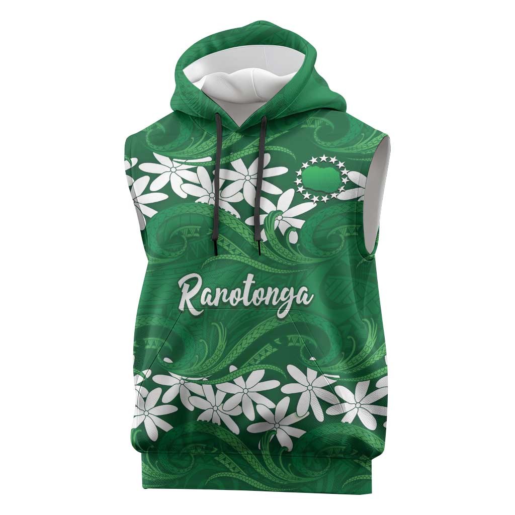 Personalised Cook Islands Rarotonga Sleeveless Hoodie Tiare Maori Polynesian Waves Tattoo LT14 Green - Polynesian Pride