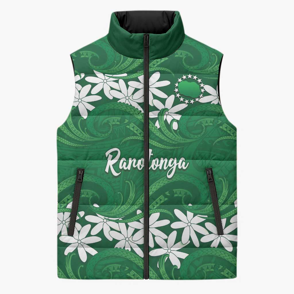 Personalised Cook Islands Rarotonga Sleeveless Puffer Jacket Tiare Maori Polynesian Waves Tattoo LT14 Unisex Green - Polynesian Pride