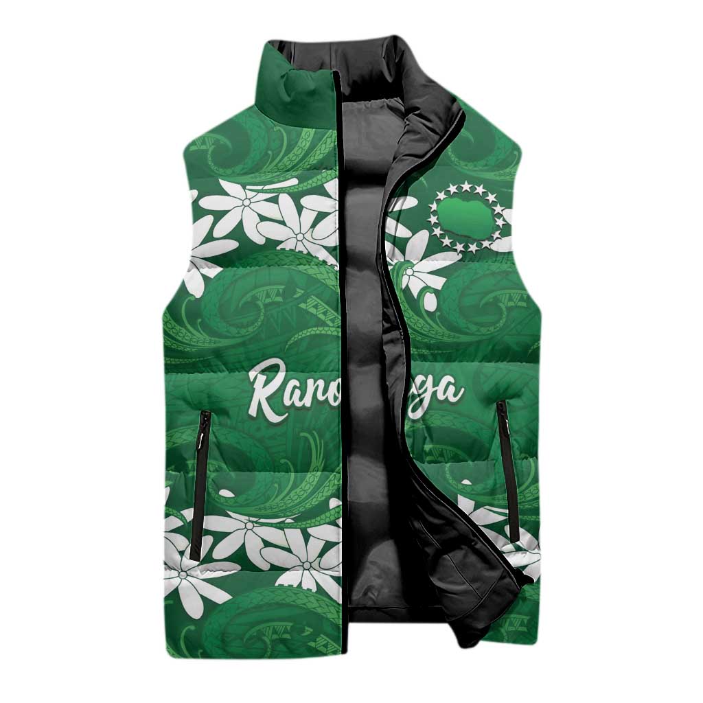 Personalised Cook Islands Rarotonga Sleeveless Puffer Jacket Tiare Maori Polynesian Waves Tattoo LT14 - Polynesian Pride