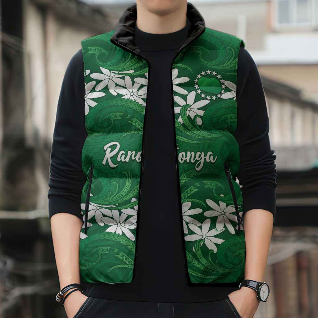 Personalised Cook Islands Rarotonga Sleeveless Puffer Jacket Tiare Maori Polynesian Waves Tattoo LT14 - Polynesian Pride
