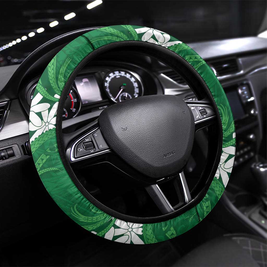 Cook Islands Rarotonga Steering Wheel Cover Tiare Maori Polynesian Waves Tattoo LT14 Universal Fit Green - Polynesian Pride