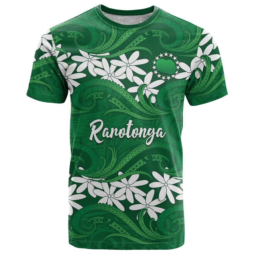 Personalised Cook Islands Rarotonga T Shirt Tiare Maori Polynesian Waves Tattoo LT14 Green - Polynesian Pride