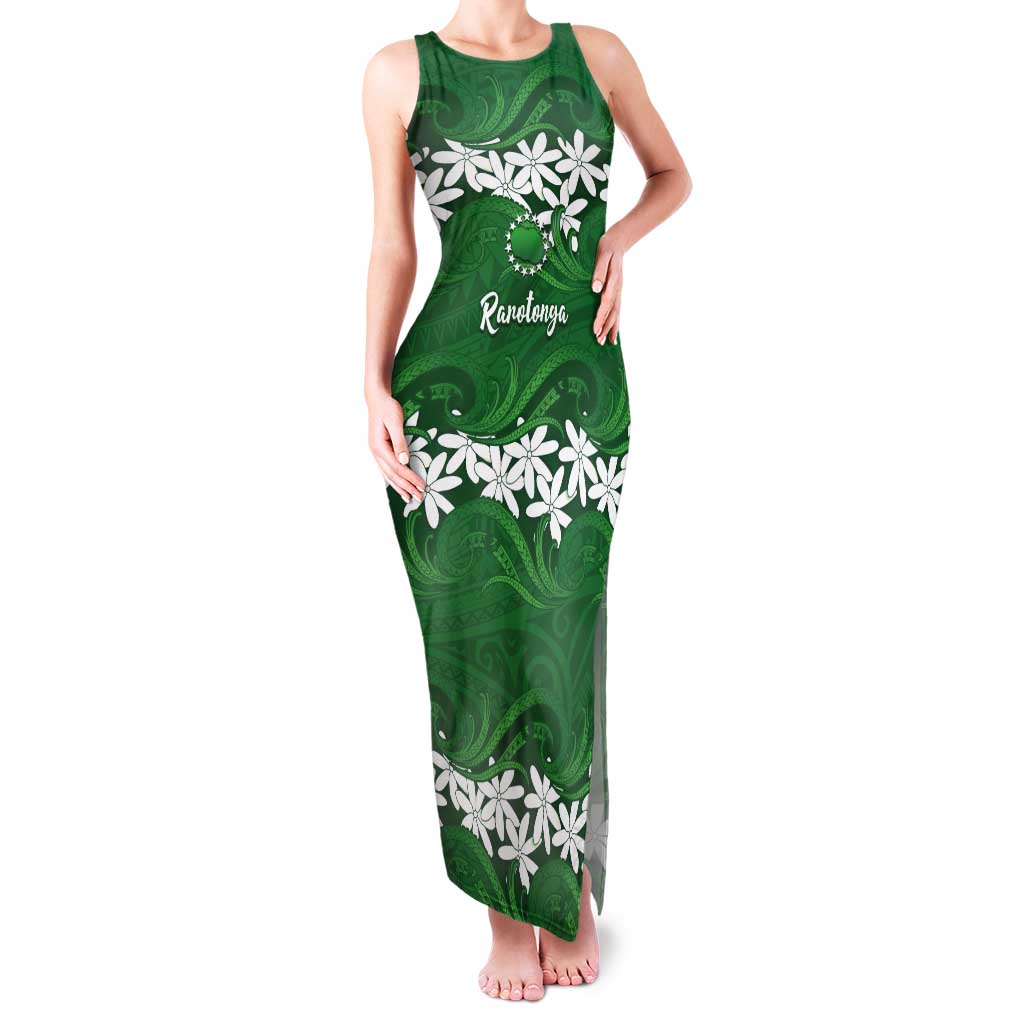 Personalised Cook Islands Rarotonga Tank Maxi Dress Tiare Maori Polynesian Waves Tattoo LT14 Women Green - Polynesian Pride