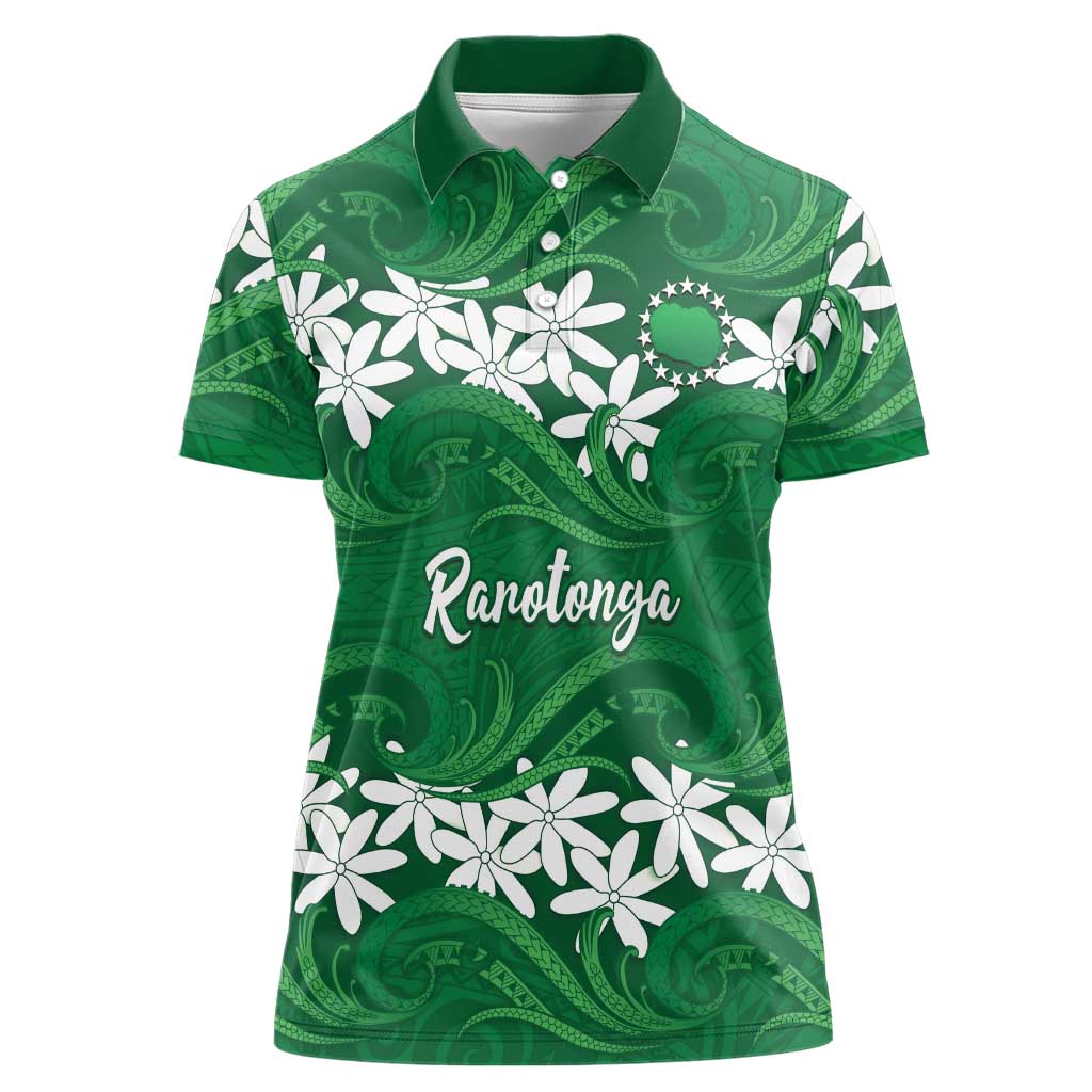 Personalised Cook Islands Rarotonga Women Polo Shirt Tiare Maori Polynesian Waves Tattoo LT14 Female Green - Polynesian Pride