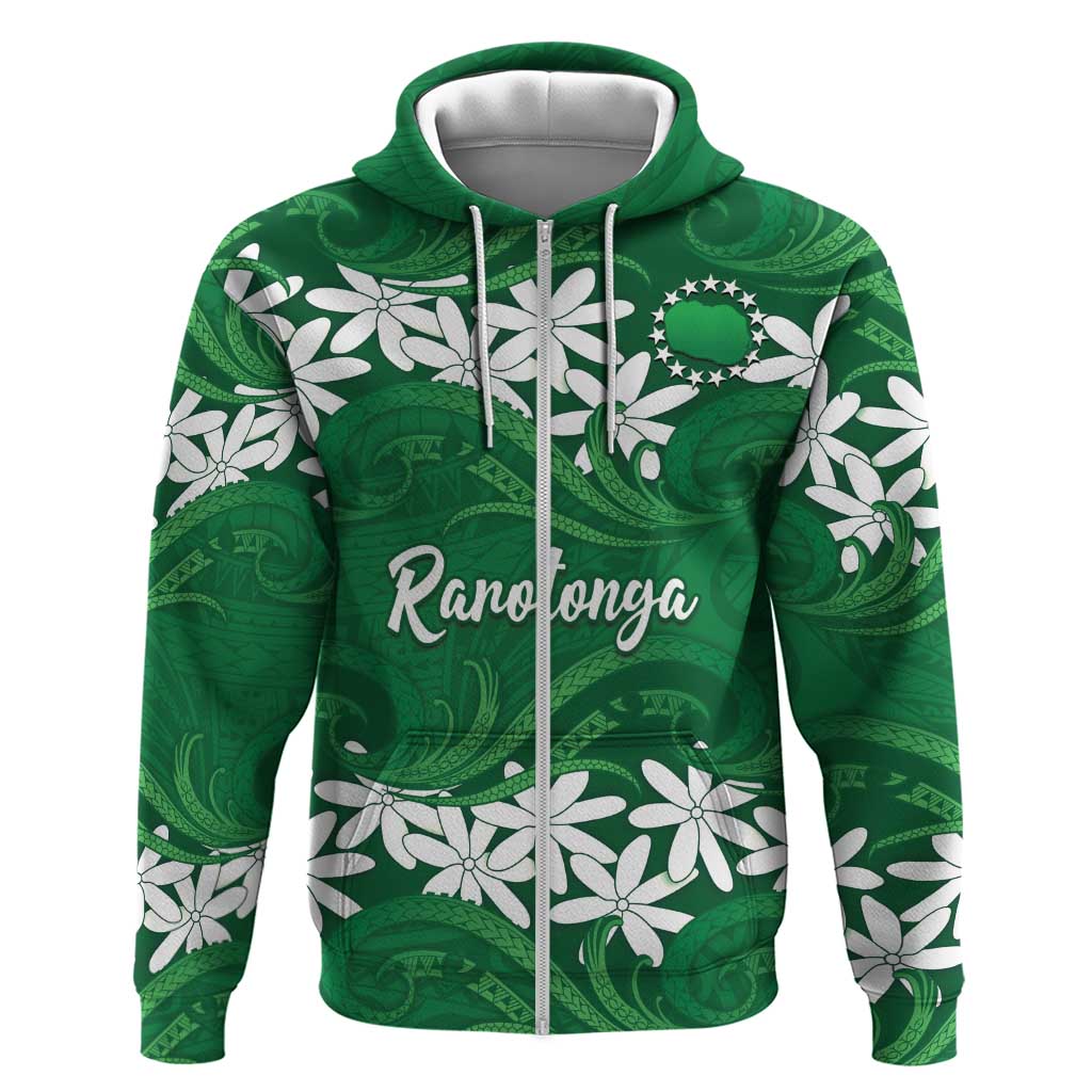 Personalised Cook Islands Rarotonga Zip Hoodie Tiare Maori Polynesian Waves Tattoo LT14 Zip Hoodie Green - Polynesian Pride