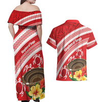 Kingdom Of Tonga Emancipation Day Couples Matching Off Shoulder Maxi Dress and Hawaiian Shirt Tongan Ngatu With Kumete Red