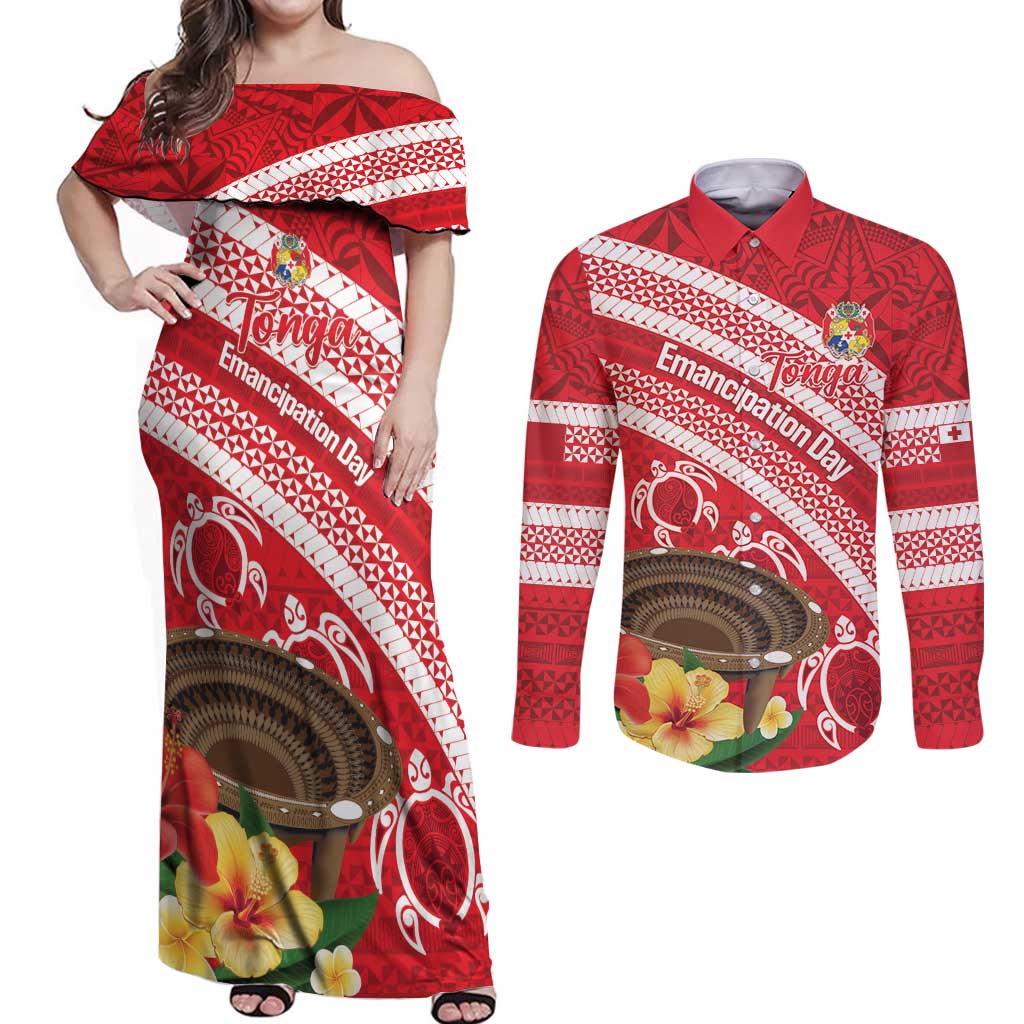 Kingdom Of Tonga Emancipation Day Couples Matching Off Shoulder Maxi Dress and Long Sleeve Button Shirt Tongan Ngatu With Kumete Red