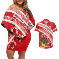 Kingdom Of Tonga Emancipation Day Couples Matching Off Shoulder Short Dress and Hawaiian Shirt Tongan Ngatu With Kumete Red