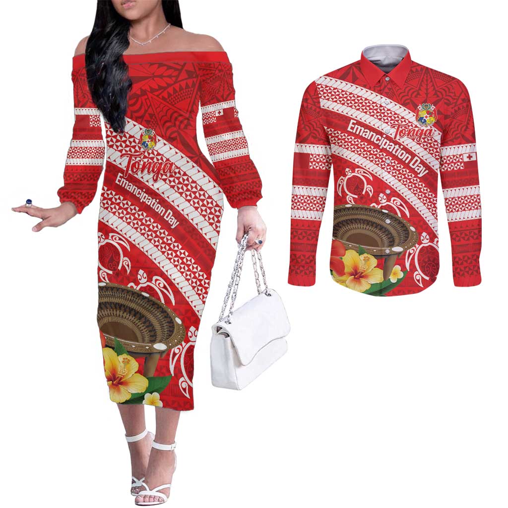 Kingdom Of Tonga Emancipation Day Couples Matching Off The Shoulder Long Sleeve Dress and Long Sleeve Button Shirt Tongan Ngatu With Kumete Red LT14 Red - Polynesian Pride