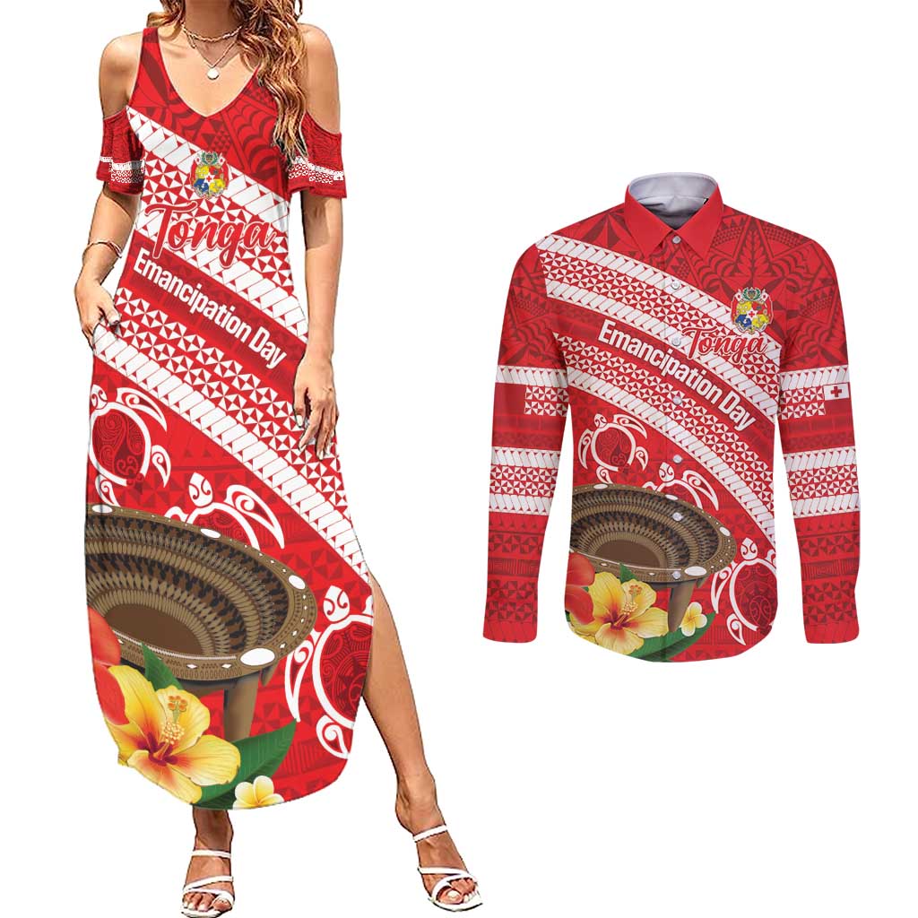 Kingdom Of Tonga Emancipation Day Couples Matching Summer Maxi Dress and Long Sleeve Button Shirt Tongan Ngatu With Kumete Red LT14 Red - Polynesian Pride