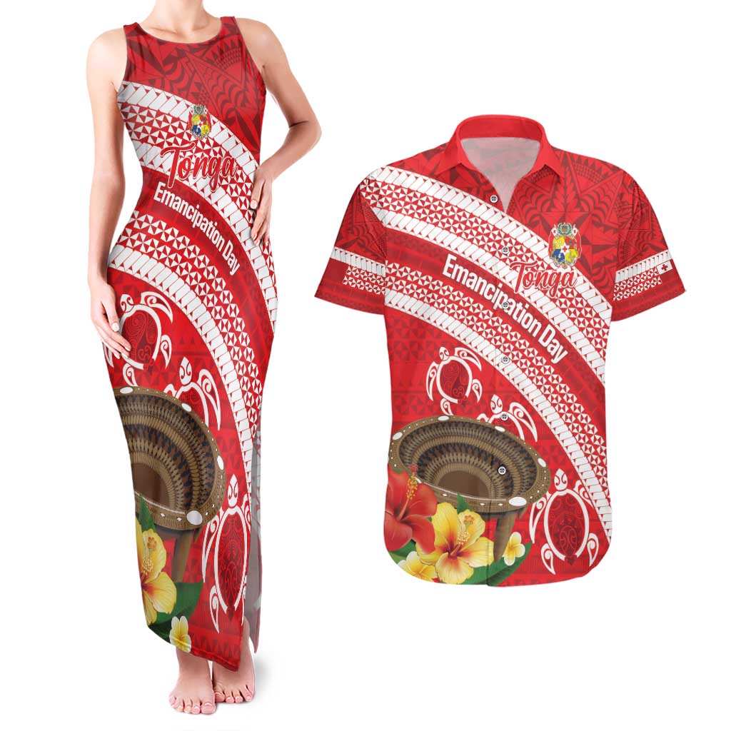 Kingdom Of Tonga Emancipation Day Couples Matching Tank Maxi Dress and Hawaiian Shirt Tongan Ngatu With Kumete Red LT14 Red - Polynesian Pride