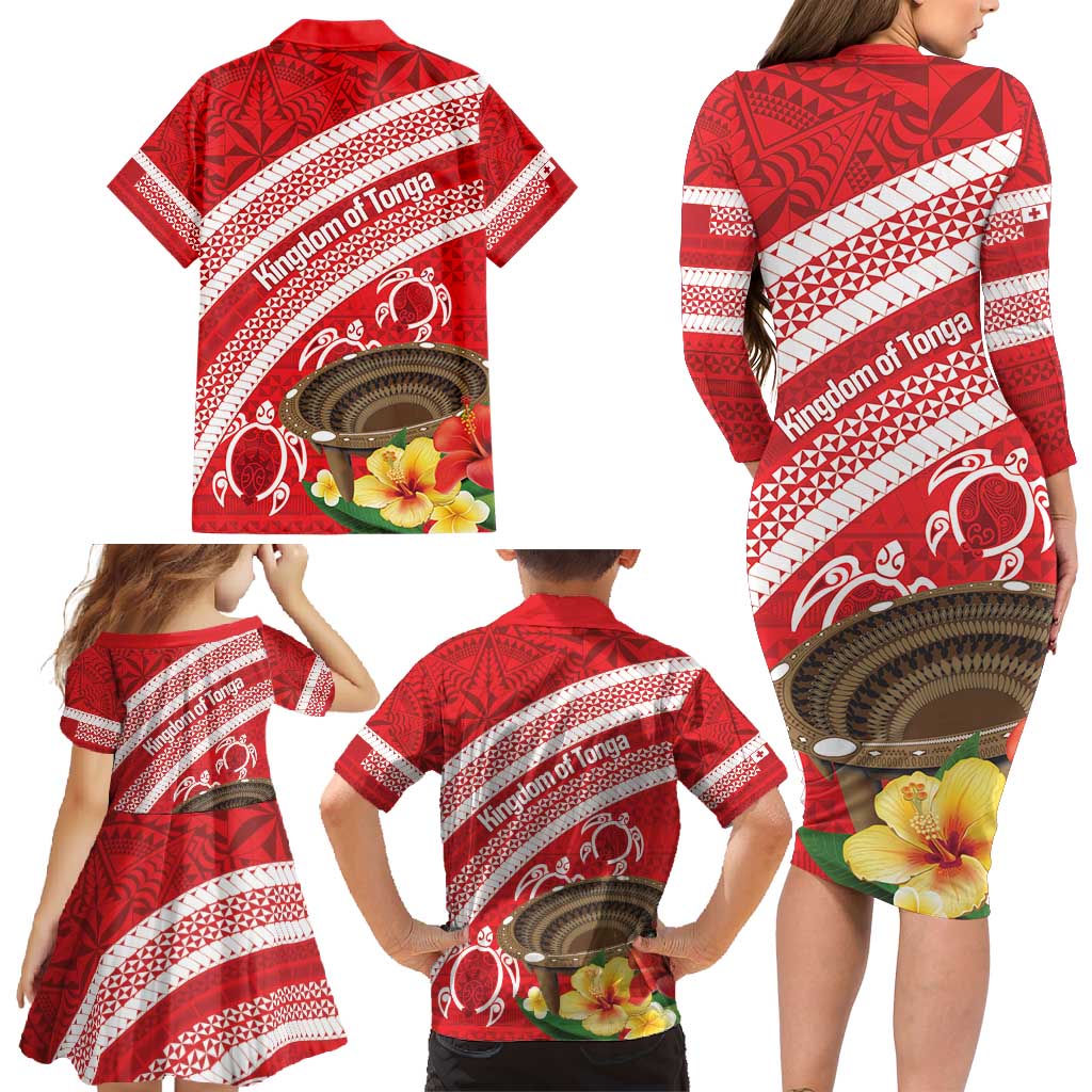 Kingdom Of Tonga Emancipation Day Family Matching Long Sleeve Bodycon Dress and Hawaiian Shirt Tongan Ngatu With Kumete Red