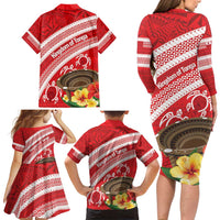 Kingdom Of Tonga Emancipation Day Family Matching Long Sleeve Bodycon Dress and Hawaiian Shirt Tongan Ngatu With Kumete Red