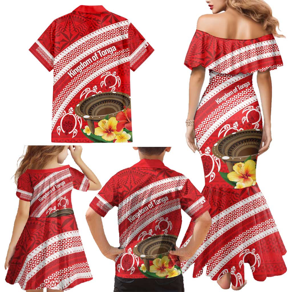 Kingdom Of Tonga Emancipation Day Family Matching Mermaid Dress and Hawaiian Shirt Tongan Ngatu With Kumete Red