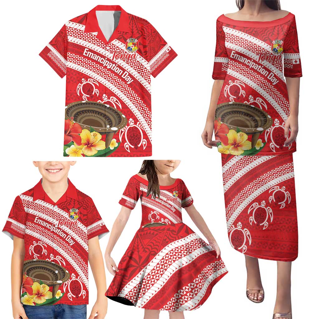 Kingdom Of Tonga Emancipation Day Family Matching Puletasi and Hawaiian Shirt Tongan Ngatu With Kumete Red