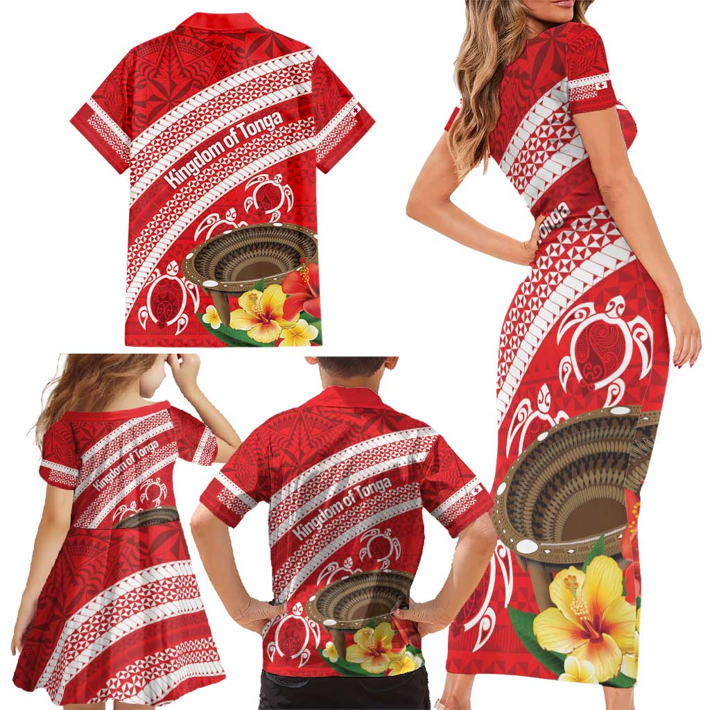 Kingdom Of Tonga Emancipation Day Family Matching Short Sleeve Bodycon Dress and Hawaiian Shirt Tongan Ngatu With Kumete Red