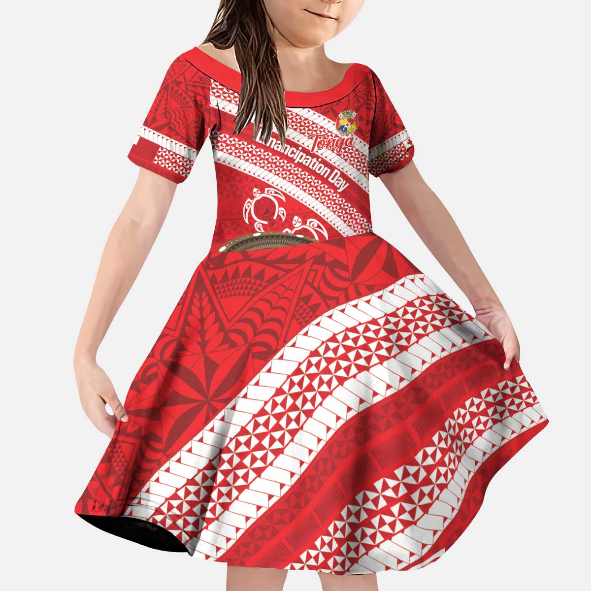 Kingdom Of Tonga Emancipation Day Kid Short Sleeve Dress Tongan Ngatu With Kumete Red LT14 KID Red - Polynesian Pride