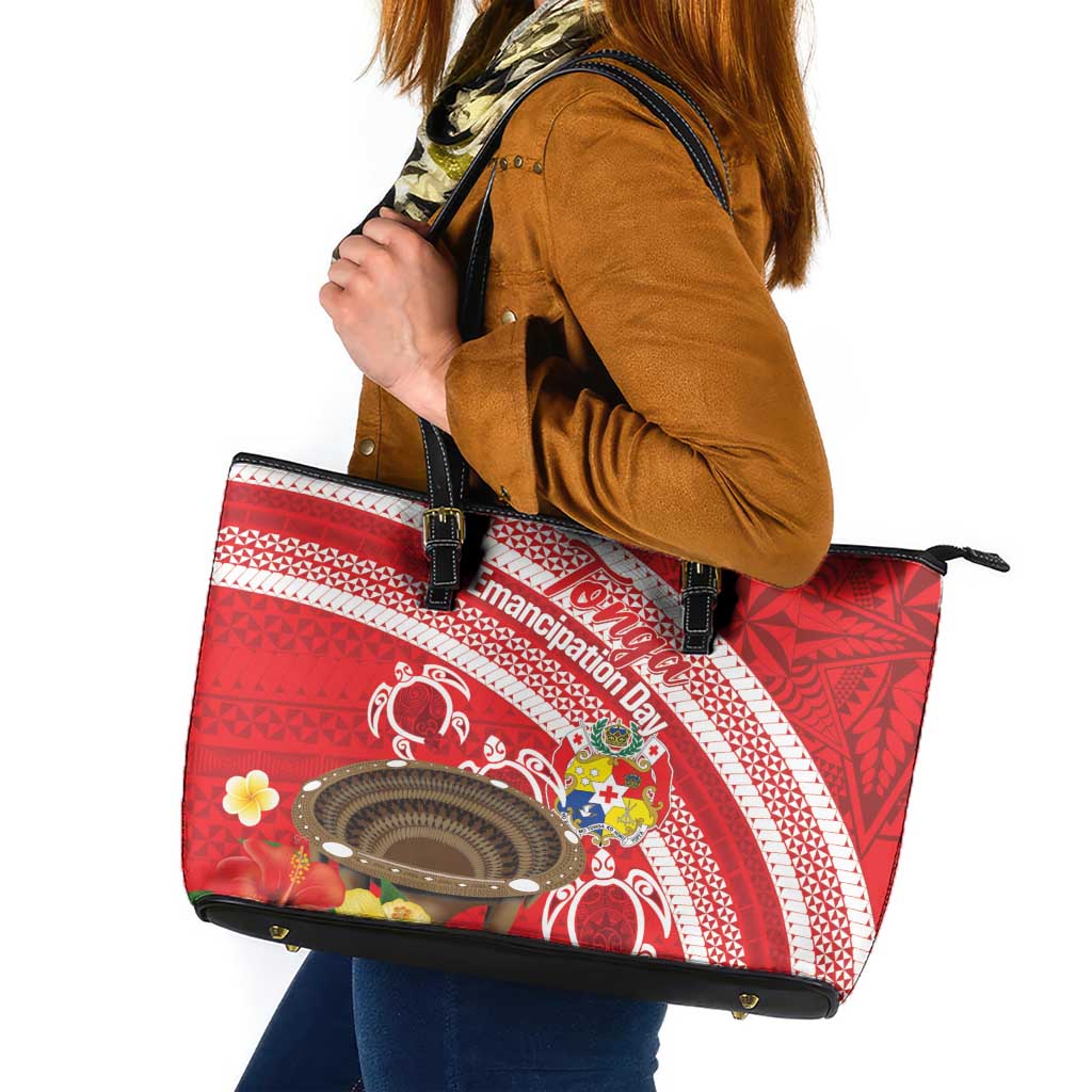 Kingdom Of Tonga Emancipation Day Leather Tote Bag Tongan Ngatu With Kumete Red LT14 Red - Polynesian Pride