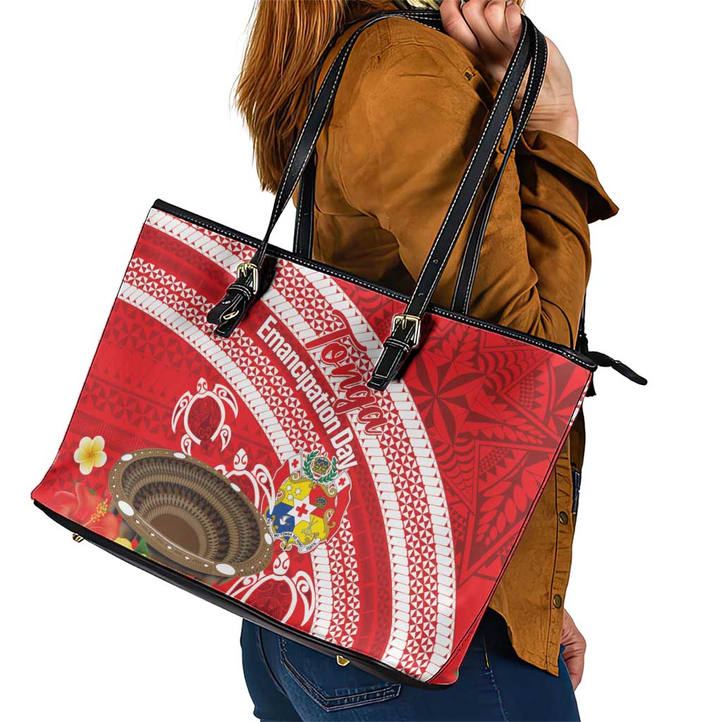 Kingdom Of Tonga Emancipation Day Leather Tote Bag Tongan Ngatu With Kumete Red