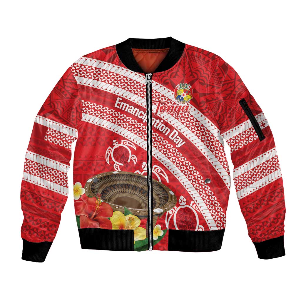 Kingdom Of Tonga Emancipation Day Sleeve Zip Bomber Jacket Tongan Ngatu With Kumete Red