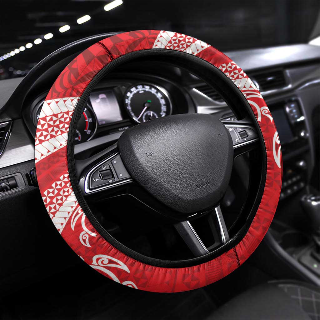 Kingdom Of Tonga Emancipation Day Steering Wheel Cover Tongan Ngatu With Kumete Red LT14 Universal Fit Red - Polynesian Pride