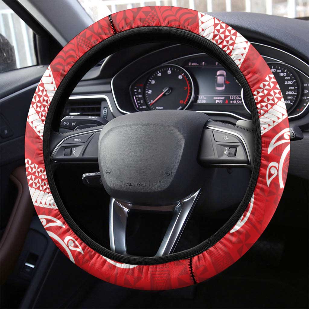 Kingdom Of Tonga Emancipation Day Steering Wheel Cover Tongan Ngatu With Kumete Red LT14 - Polynesian Pride