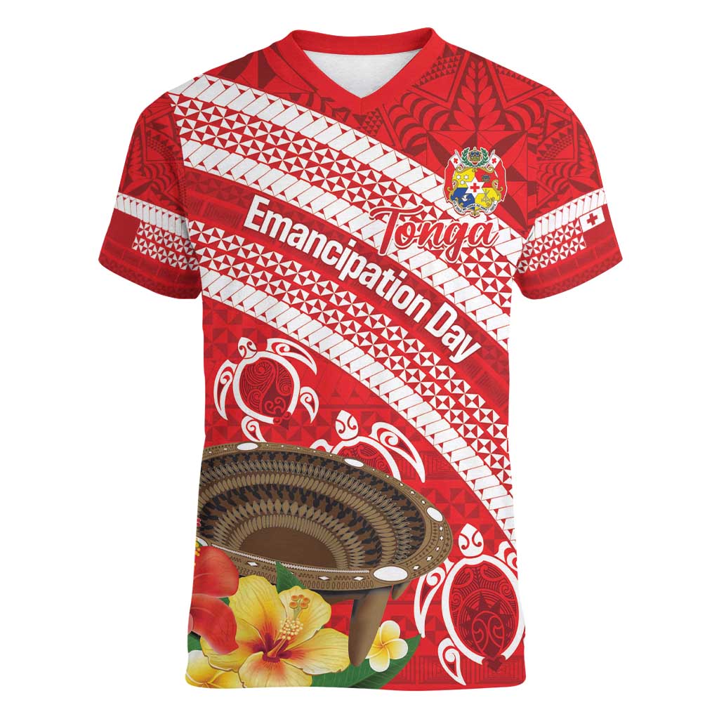 Kingdom Of Tonga Emancipation Day Women V-Neck T-Shirt Tongan Ngatu With Kumete Red