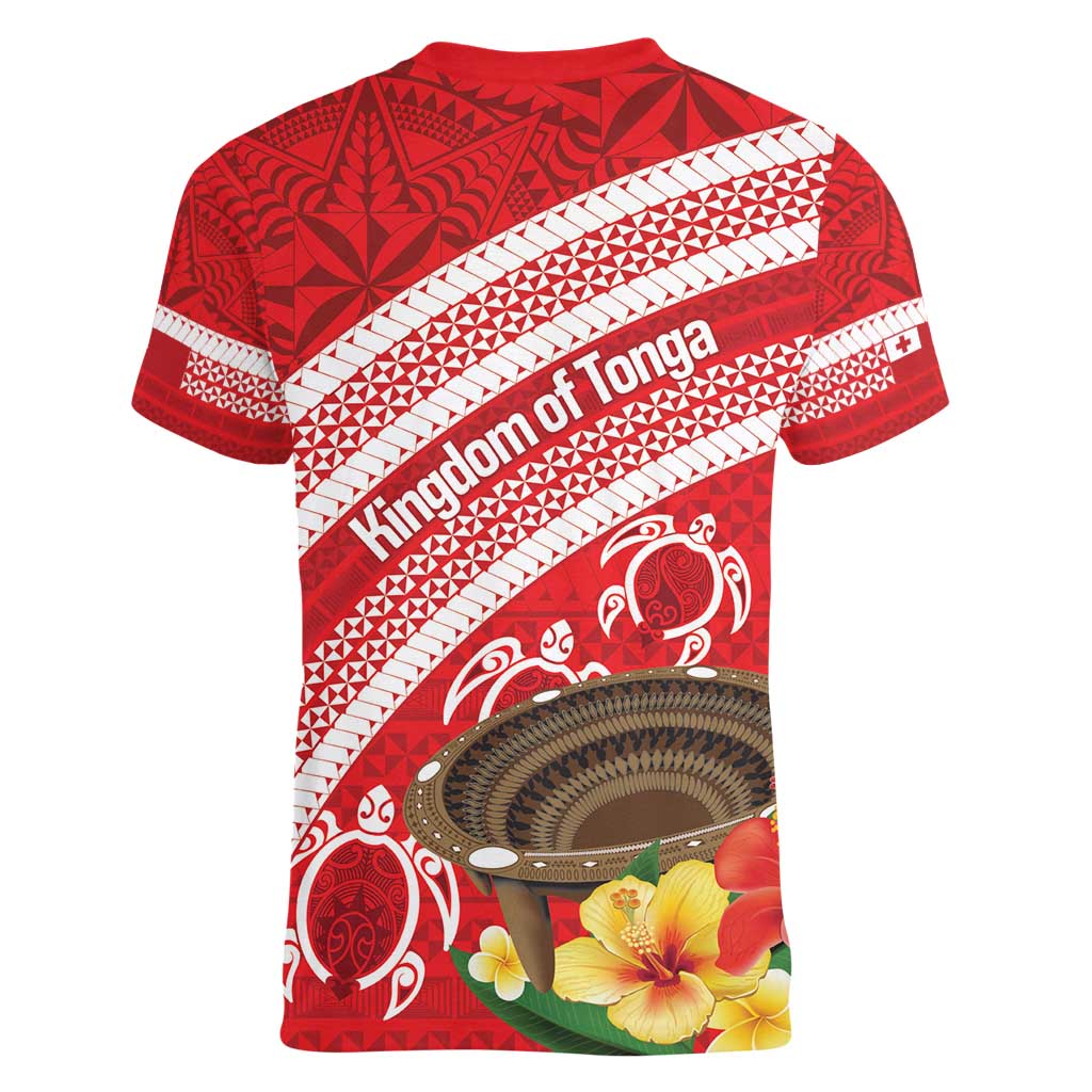 Kingdom Of Tonga Emancipation Day Women V-Neck T-Shirt Tongan Ngatu With Kumete Red