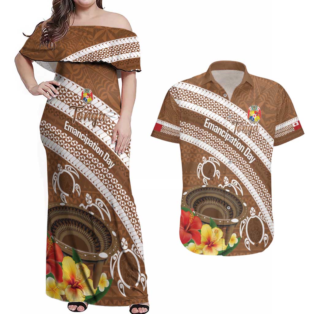 Kingdom Of Tonga Emancipation Day Couples Matching Off Shoulder Maxi Dress and Hawaiian Shirt Tongan Ngatu With Kumete Brown