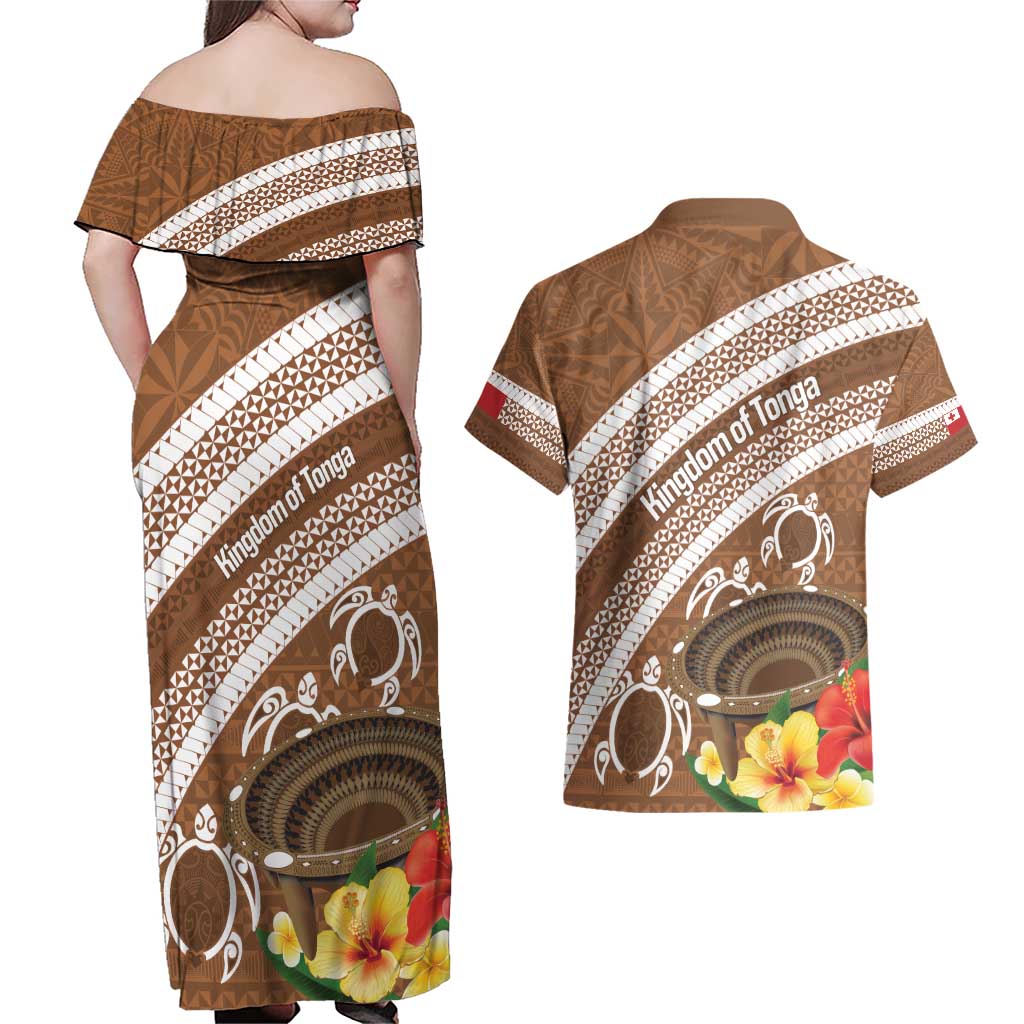 Kingdom Of Tonga Emancipation Day Couples Matching Off Shoulder Maxi Dress and Hawaiian Shirt Tongan Ngatu With Kumete Brown