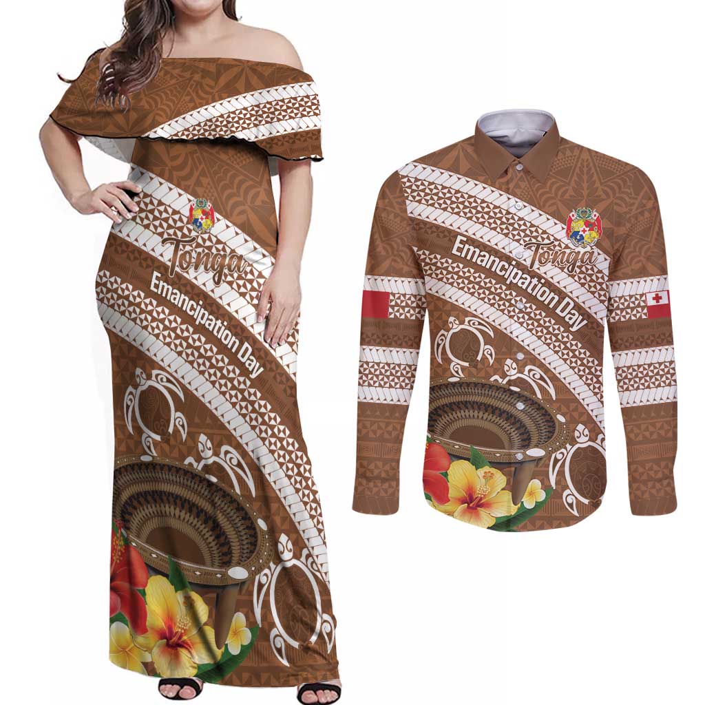 Kingdom Of Tonga Emancipation Day Couples Matching Off Shoulder Maxi Dress and Long Sleeve Button Shirt Tongan Ngatu With Kumete Brown