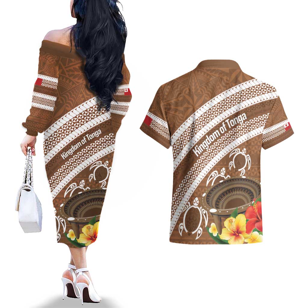Kingdom Of Tonga Emancipation Day Couples Matching Off The Shoulder Long Sleeve Dress and Hawaiian Shirt Tongan Ngatu With Kumete Brown