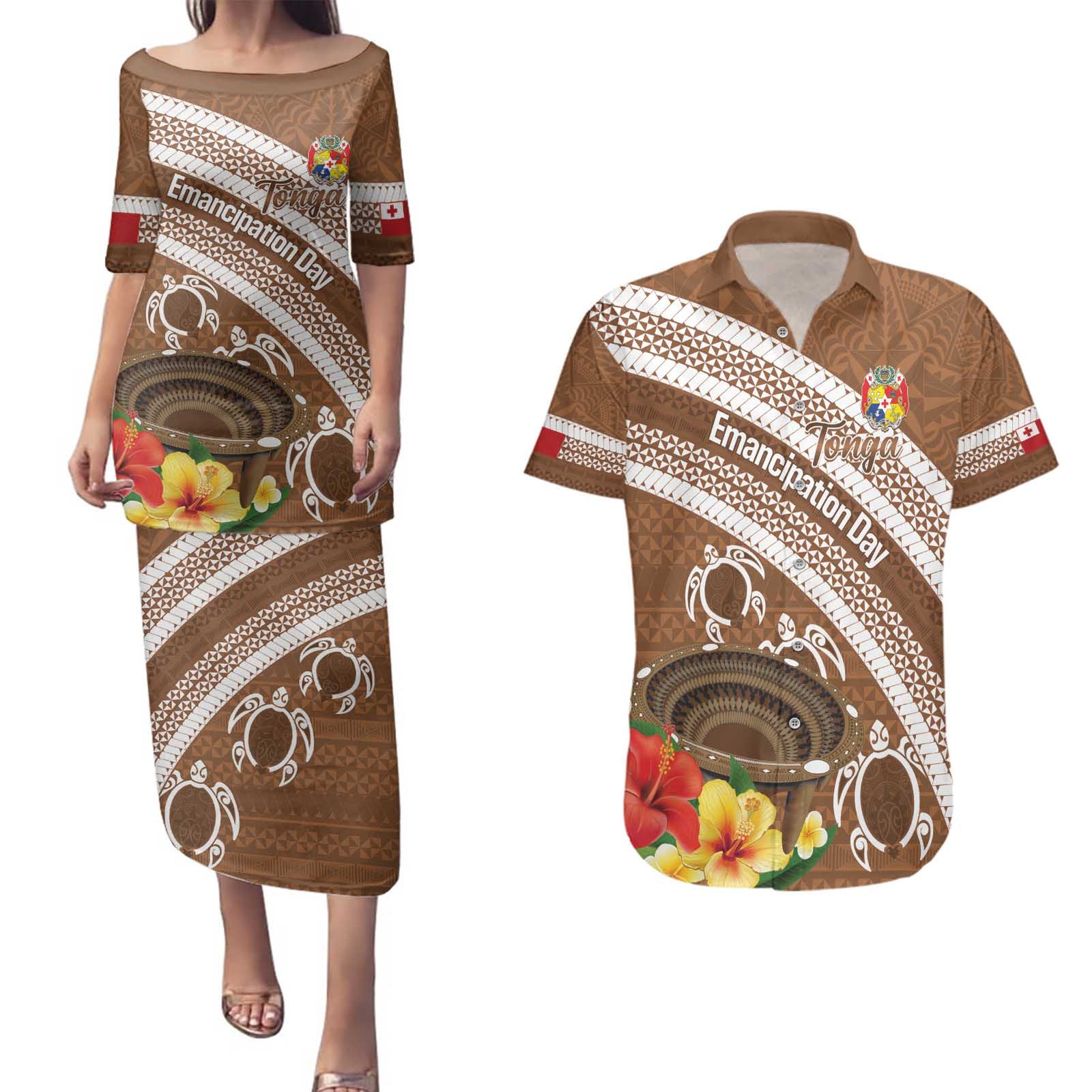 Kingdom Of Tonga Emancipation Day Couples Matching Puletasi and Hawaiian Shirt Tongan Ngatu With Kumete Brown LT14 Brown - Polynesian Pride