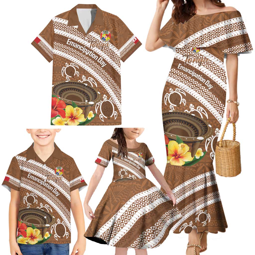Kingdom Of Tonga Emancipation Day Family Matching Mermaid Dress and Hawaiian Shirt Tongan Ngatu With Kumete Brown