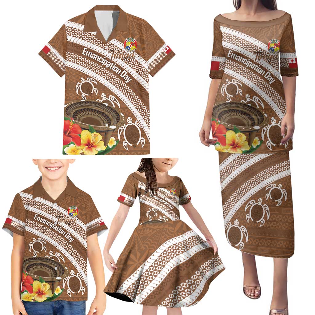 Kingdom Of Tonga Emancipation Day Family Matching Puletasi and Hawaiian Shirt Tongan Ngatu With Kumete Brown