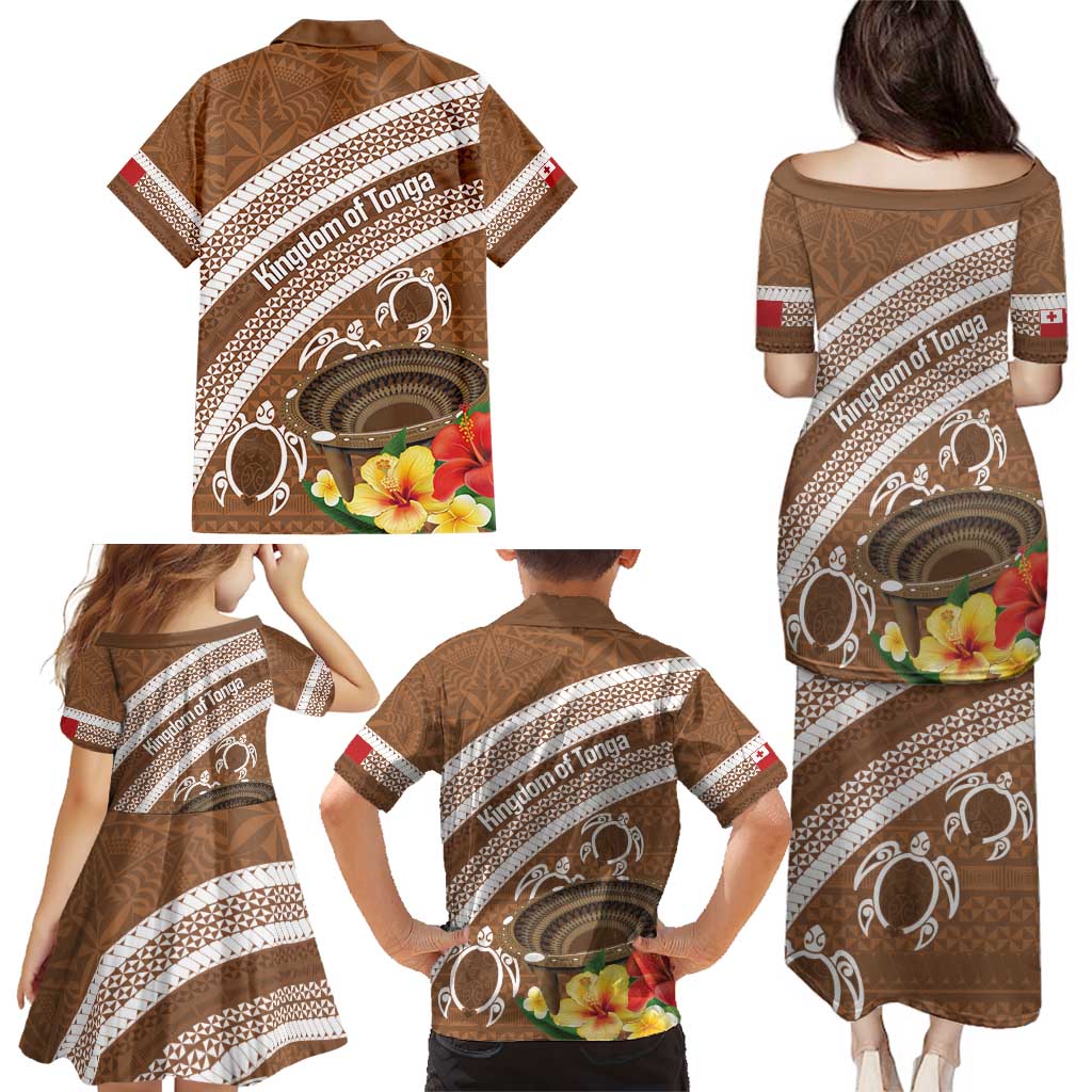 Kingdom Of Tonga Emancipation Day Family Matching Puletasi and Hawaiian Shirt Tongan Ngatu With Kumete Brown