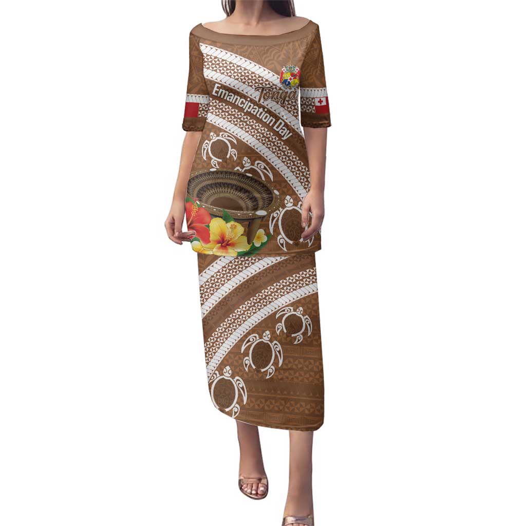 Kingdom Of Tonga Emancipation Day Family Matching Puletasi and Hawaiian Shirt Tongan Ngatu With Kumete Brown