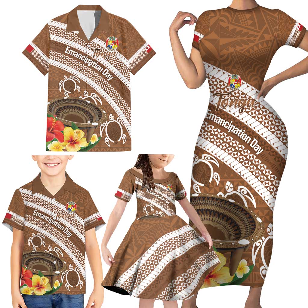 Kingdom Of Tonga Emancipation Day Family Matching Short Sleeve Bodycon Dress and Hawaiian Shirt Tongan Ngatu With Kumete Brown
