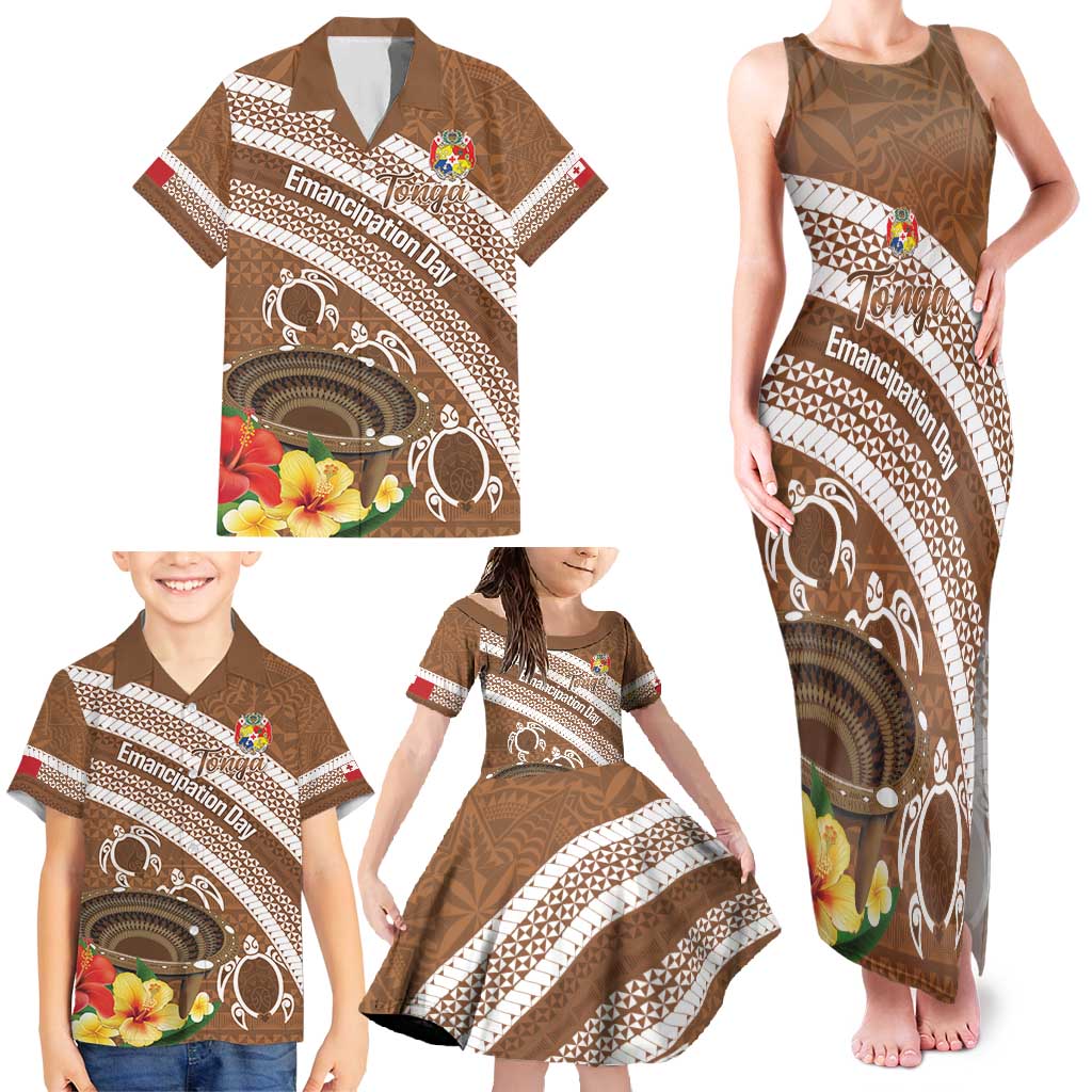 Kingdom Of Tonga Emancipation Day Family Matching Tank Maxi Dress and Hawaiian Shirt Tongan Ngatu With Kumete Brown