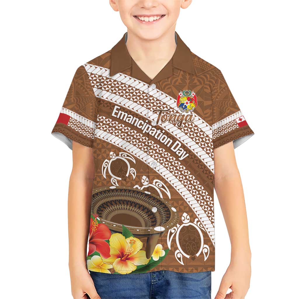 Kingdom Of Tonga Emancipation Day Kid Hawaiian Shirt Tongan Ngatu With Kumete Brown LT14 Kid Brown - Polynesian Pride