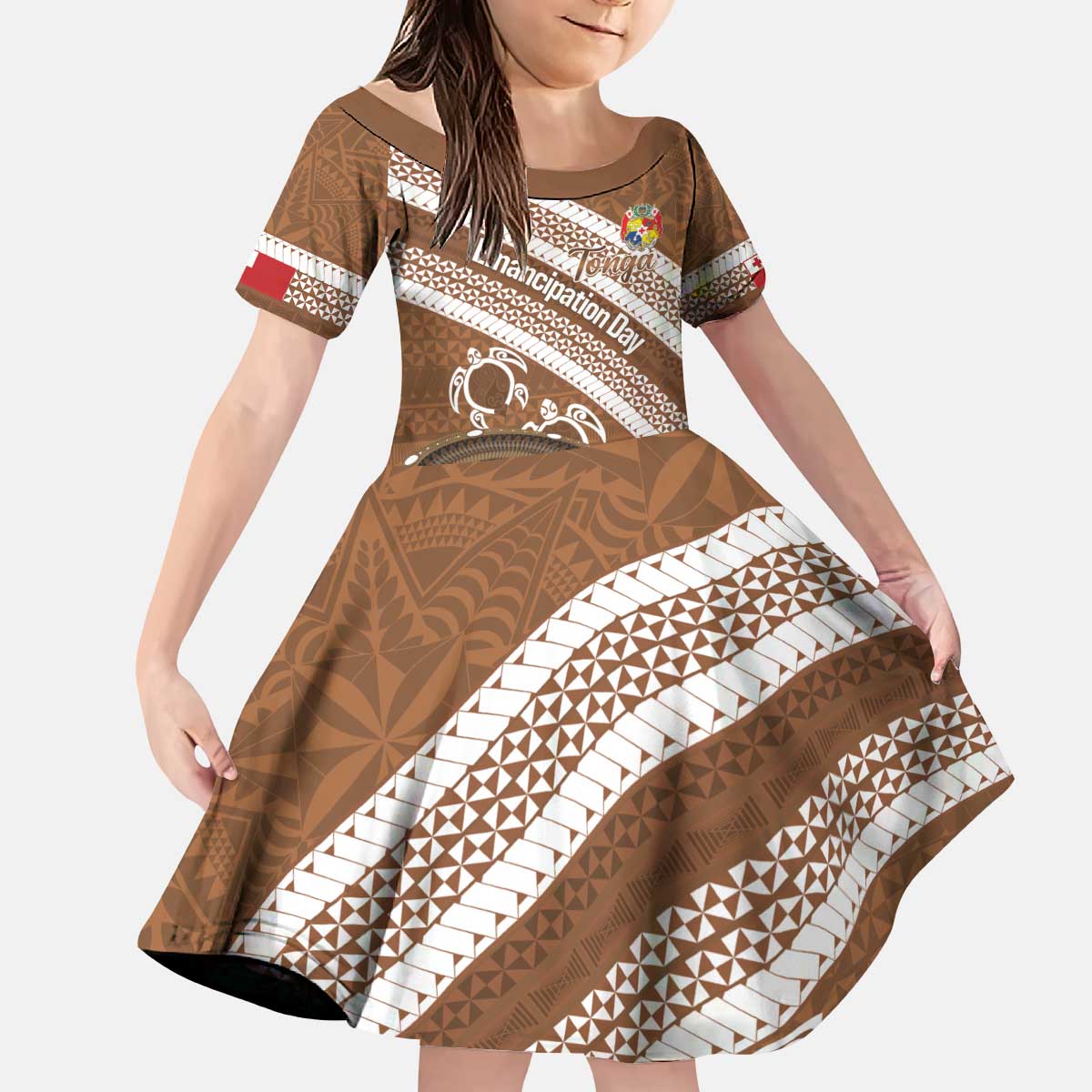 Kingdom Of Tonga Emancipation Day Kid Short Sleeve Dress Tongan Ngatu With Kumete Brown LT14 KID Brown - Polynesian Pride