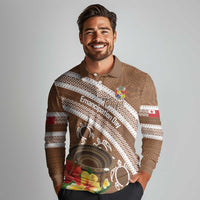 Kingdom Of Tonga Emancipation Day Long Sleeve Polo Shirt Tongan Ngatu With Kumete Brown