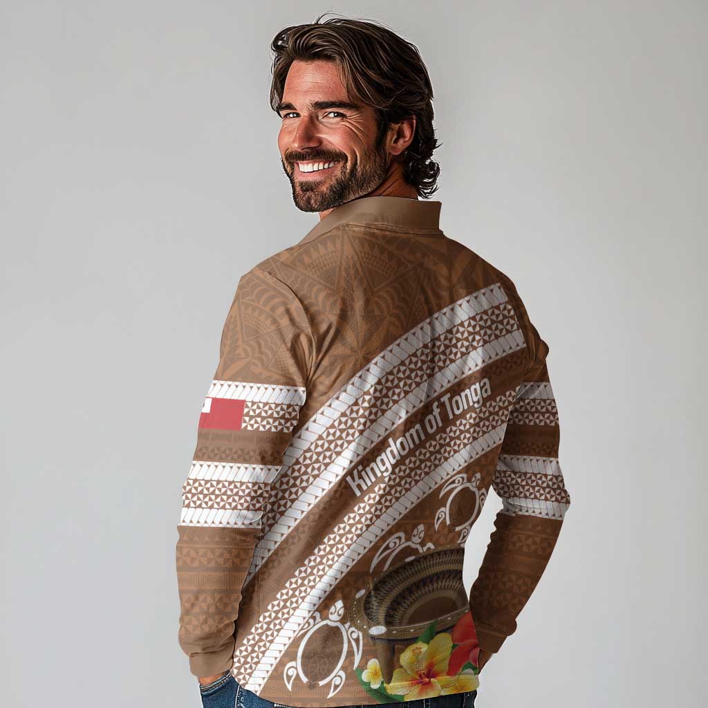 Kingdom Of Tonga Emancipation Day Long Sleeve Polo Shirt Tongan Ngatu With Kumete Brown