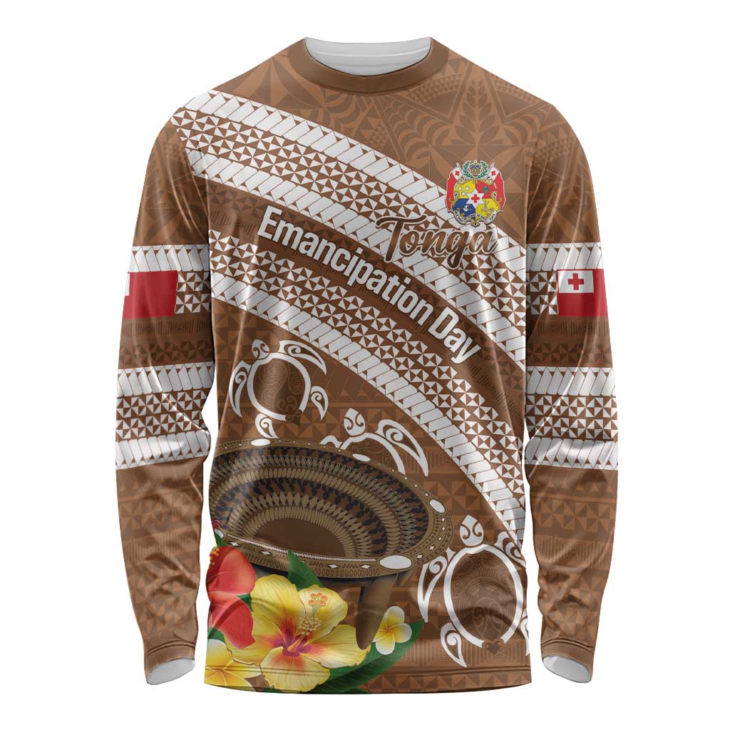 Kingdom Of Tonga Emancipation Day Long Sleeve Shirt Tongan Ngatu With Kumete Brown LT14 Unisex Brown - Polynesian Pride