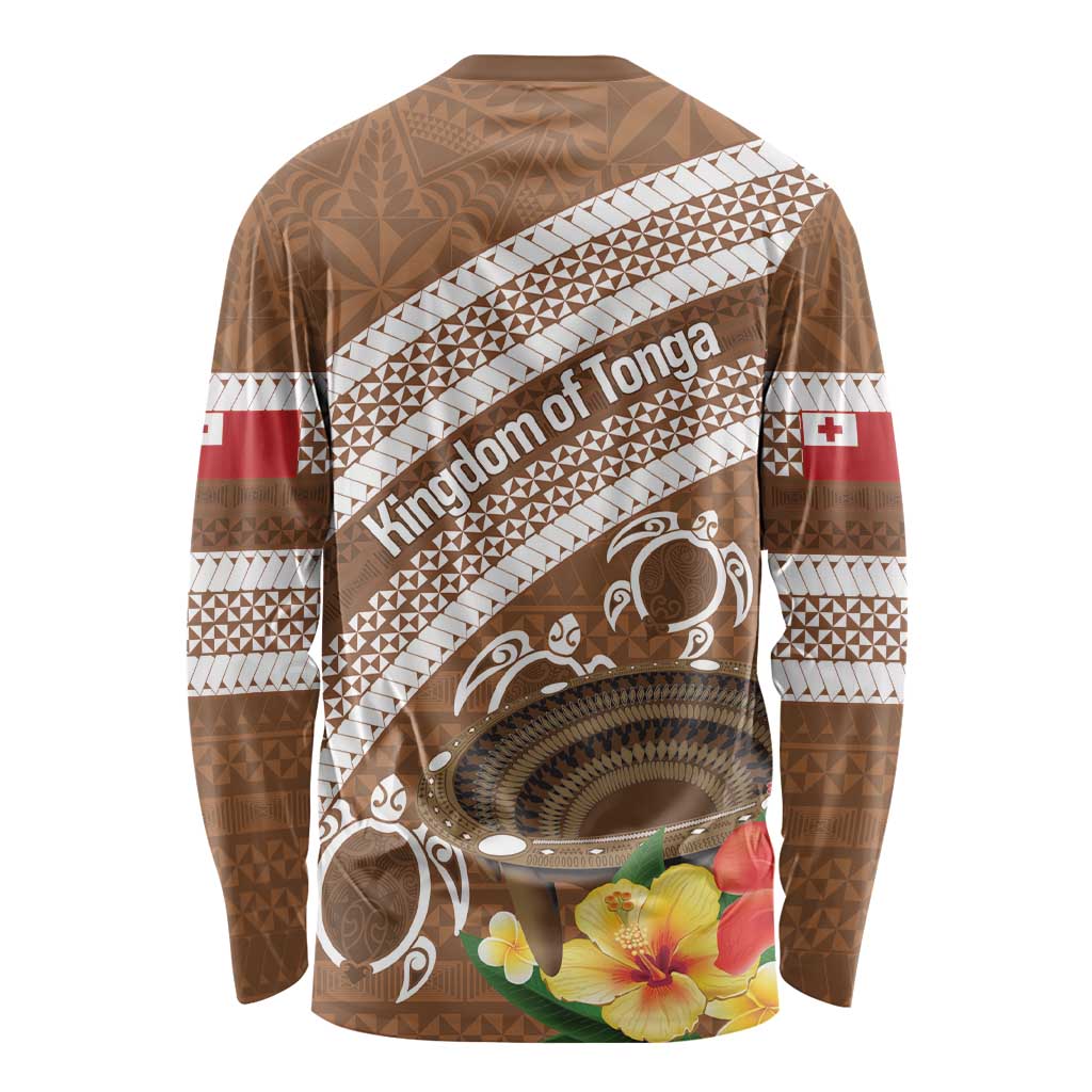 Kingdom Of Tonga Emancipation Day Long Sleeve Shirt Tongan Ngatu With Kumete Brown LT14 - Polynesian Pride