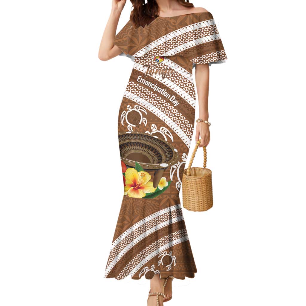 Kingdom Of Tonga Emancipation Day Mermaid Dress Tongan Ngatu With Kumete Brown
